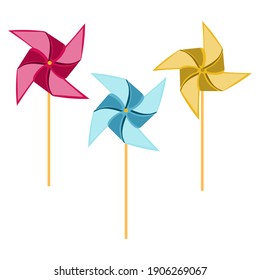 Set of the colored paper windmill. Design concept for baby shower, holidays, birthdays, greeting cards, festival, decoration, gift card