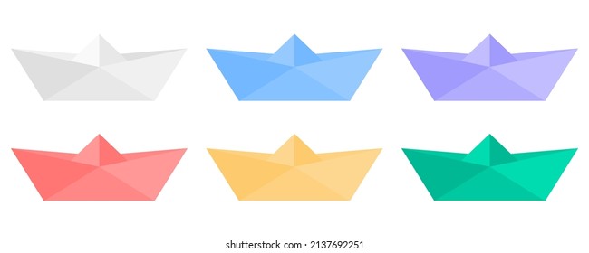 Set with colored papers boats. Collection of origami paper ship. Vector flat illustration.