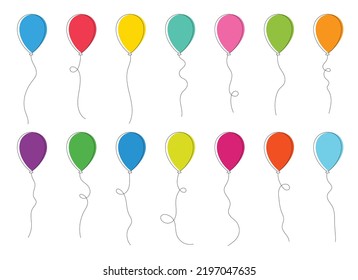Juego de globos de partido de colores atados con cuerdas. Ilustración vectorial en estilo de caricatura