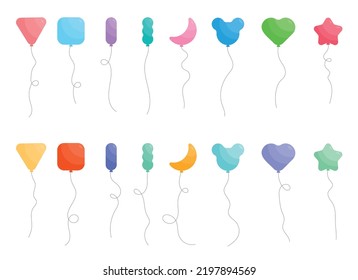 Set of colored party balloons tied with strings. Vector illustration in cartoon style