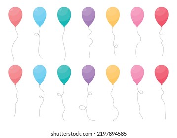 Set of colored party balloons tied with strings. Vector illustration in cartoon style