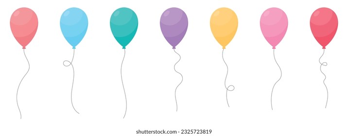 Set of colored party balloons tied with strings. Vector illustration in cartoon style