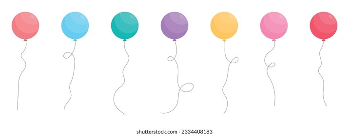 Set of colored party balloons tied with strings. Vector illustration in cartoon style