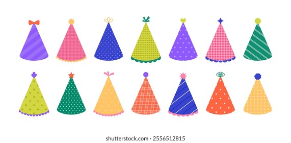 Set of colored party hats with different patterns and pompons. Holiday cone caps collection. Birthday celebration. Festive fun accessory. Vector flat illustration isolated on white background