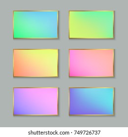 Set of Colored Pastel Gradient Cards or Banners with Stylized Gold Frame. Collection Delicate Backgrounds for Text, Stickers, Message, Flyers, Cards, Leaflet.