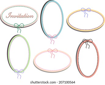 A set of colored pastel oval frames stitched with thread and a bow