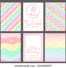 Set Of Colored Pastel Vector Cards For Party Invitation. Rainbow Background.