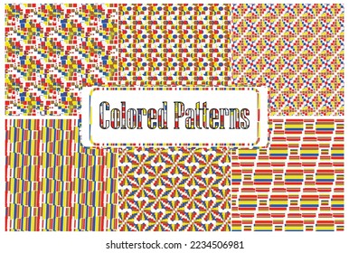Establece el patrón de color. Seis patrones geométricos abstractos coloridos combinados con color blanco.