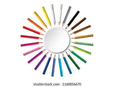 Set of colored pencil collection circle arranged - isolated vector illustration colorful pencils on white background. 
