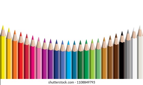 Set of colored pencil collection evenly arranged - seamless in both directions - isolated vector illustration craynos on white background. 