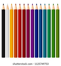 Set of colored pencil collection evenly arranged 