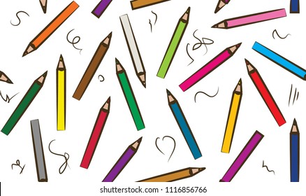 Set of colored pencil collection random arranged - seamless hand drawn isolated vector illustration craynos on white background. 