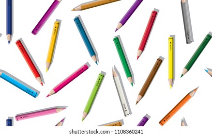Set of colored pencil collection scattered arranged - seamless isolated vector illustration crayons on white background. 