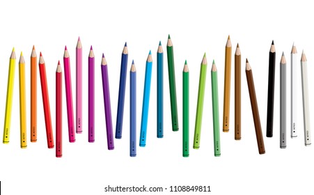 Set of colored pencil collection scattered - seamless in both directions - isolated vector illustration craynos on white background. 