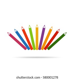 Set of colored pencil icons in flat design. Vector illustration. Pencils isolated on white background with shadow.