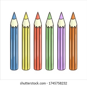 Set of colored pencil icons. Vector colored stationery, writing materials, office or school supplies isolated on white background. Cartoon style
