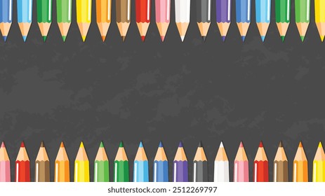 A set of colored pencil on chalkboard background. Chalkboard with set of colored pencil. Back to school. Isolate vector illustration.