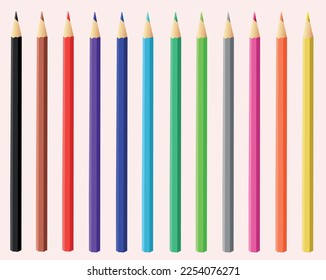 Set of colored pencil on white background. Vector realistic illustration