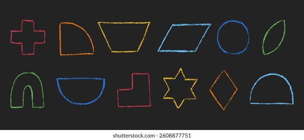 Set of colored pencil outline geometric figures in hand drawn sketch style. Silhouettes of chalk pencil or crayon textured shapes. Vector graphic elements isolated on a black background.