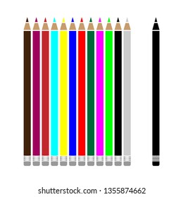 A set of colored pencils. 12 pieces. Vector drawing. Isolated object on white background. Isolate.