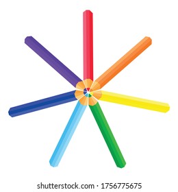 The set of colored pencils is arranged in a circle in the sun form. Red, orange, yellow, green, light blue, blue, purple pencil. Rainbow color pencils. Vector illustration