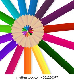 A set of colored pencils arranged in a circle, isolated on white background.