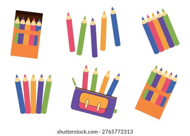 A set of colored pencils. Colored pencils in a box, in a pencil case, scattered, in a row, and fanned out. Vector illustration.