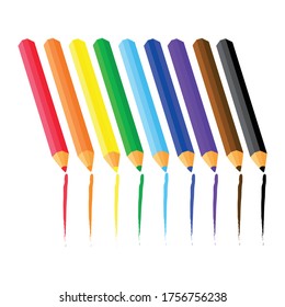 Set of colored pencils with color strokes. Measures for the school Red, orange, yellow, green, light blue, blue, purple, brown, black colored pencils. Rainbow color. Vector illustration