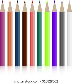 Set of colored pencils. Crayon bright, image colored yellow orange, row rainbow, tool wooden, vector graphic illustration