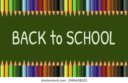 Conjunto de lápices de colores de diferentes colores, de vuelta a la escuela. Ilustración vectorial de fondo. Pizarra de escuela verde aislada 