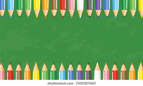 A set of colored pencils of different colors on chalkboard. Empty background with colored pencils. Back to school. Isolate vector illustration.