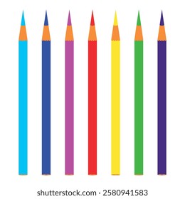 Set of colored pencils of different colors in flat style. Long colored pencils. Isolated vector illustration.