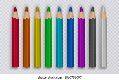 Set of colored pencils to draw on transparent background, tools for creativity and schools, vector illustration