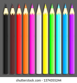 A set of colored pencils for drawing. Color palette for creativity. Logo and print for stationery, school supplies, art materials and etc. Color fill isn't the gradient. Vector illustration. EPS 8.