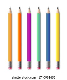 Set of colored pencils for drawing realistic templates vector illustration isolated on white background. Children or artistic wooden sharp pencils kit mockup.