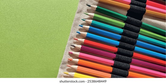 Um conjunto de lápis de cor. Desenhando lápis. Um conjunto de lápis de cor para a escola. Paleta brilhante de cores. Lápis em uma caixa de lápis.