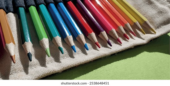 Un conjunto de lápices de colores. Lápices de dibujo. Un juego de lápices de colores para la escuela. Brillante paleta de colores. Lápices en una caja de lápices.