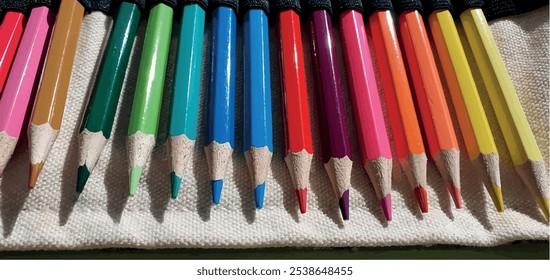 Um conjunto de lápis de cor. Desenhando lápis. Um conjunto de lápis de cor para a escola. Paleta brilhante de cores. Lápis em uma caixa de lápis.