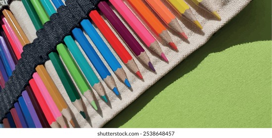 Um conjunto de lápis de cor. Desenhando lápis. Um conjunto de lápis de cor para a escola. Paleta brilhante de cores. Lápis em uma caixa de lápis.