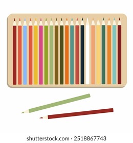 A set of colored pencils for drawing. Top view of artist's tools isolated on white background. Hand drawn flat vector illustration