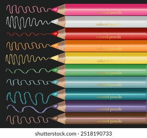 Set of colored pencils with dynamic stroke, doodle. Sample color palette on dark background. Used for web design projects.