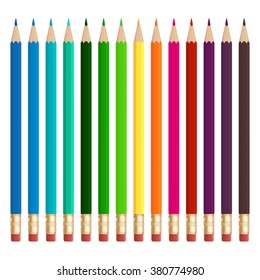 A set of colored pencils with eraser, isolated on white background.