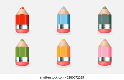 Set of colored pencils with an eraser on an isolated background. Vector illustration