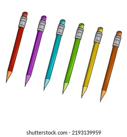 A set of colored pencils with an eraser, vector illustration in cartoon style on a white background