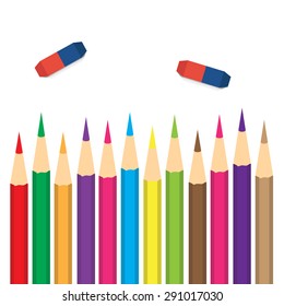 set of colored pencils with erasers on a white background