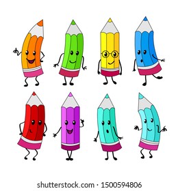 Set of colored pencils. Funny characters. Live pencil with emotions. School theme. Interesting forces.