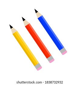Set of colored pencils. Icon for creativity and drawing. Children Hobbies and entertainment. Red, blue and yellow stationery. Flat cartoon