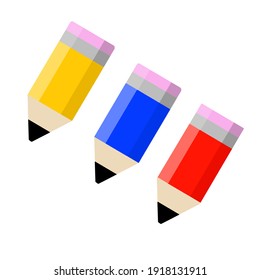 Set of colored pencils. Icon for creativity and drawing. Children Hobbies and entertainment. Red, blue and yellow stationery. Flat cartoon