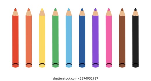 Conjunto de lápices de colores aislados sobre fondo blanco. Crayones en colores arcoiris. Los lápices para la creatividad. Ilustración plana del vector