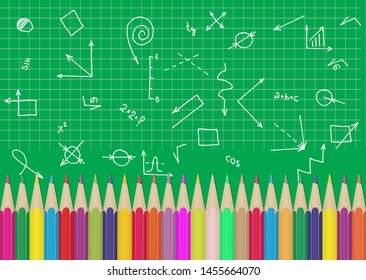 set of colored Pencils on the background of a school blackboard with diagrams and formulas.. Illustration for design and decoration of children's and school pictures.